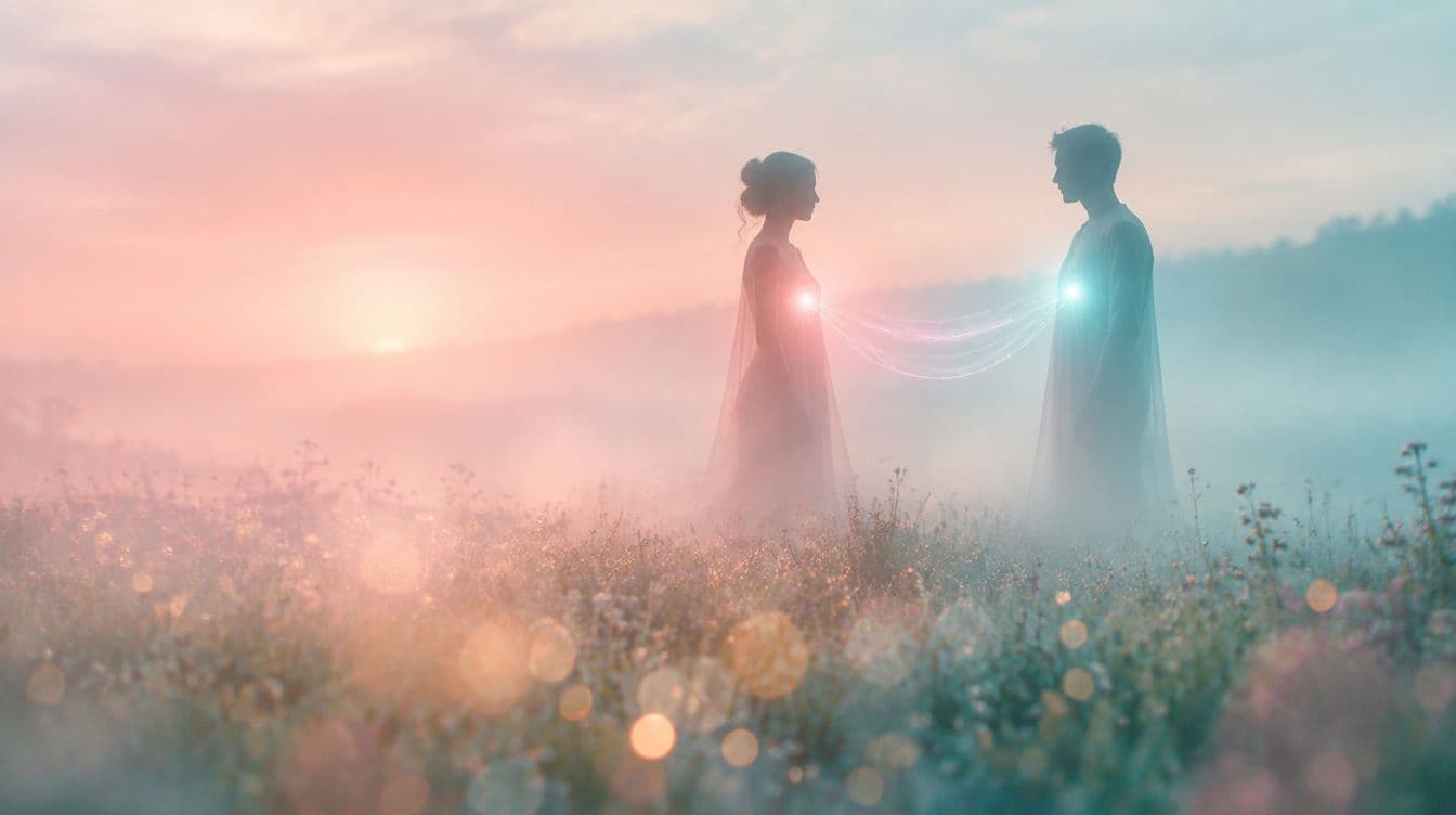 Two silhouettes connected by threads of light